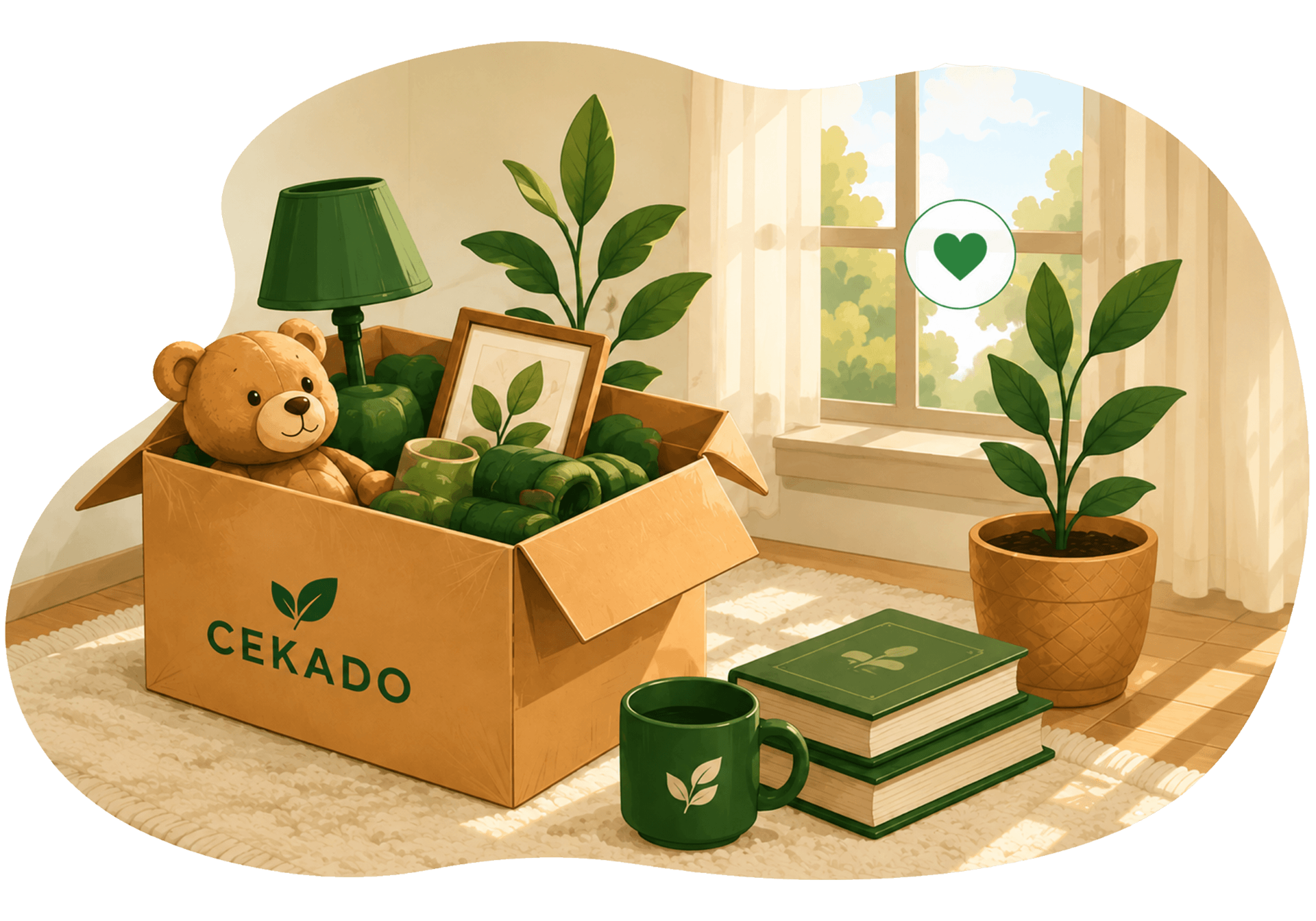 Illustration CEKADO : un carton à donner avec peluche, lampe et tasse, entouré de livres et de plantes dans un salon lumineux